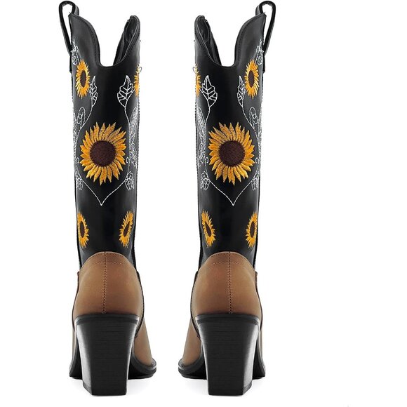 Nzzoo Western Boots Women Black Cowboy Wide Mid Calf Cowgirl Shoes - Picture 4 of 7